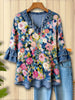 Full Size Floral Print Ruffle Trim Denim Top Plus Size test