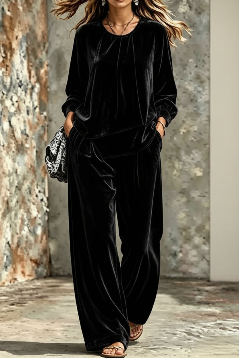 Women's Velvet Center-Pleat Relaxed Top & Wide-Leg Pants Set