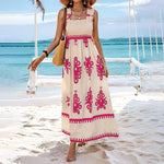 Women's Wide-Strap Printed Maxi Dress – Smocked Bodice & Tassel Waist