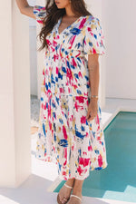 Abstract Print Short Puff Sleeve Tiered Maxi Dress - Shopimist