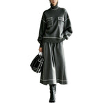 Women's Turtleneck Balloon-Sleeve Knit Top & A-Line Midi Skirt Set with Contrast Topstitching