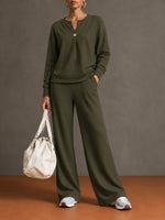 Women's Single-Button Split-Neck Sweatshirt & Wide-Leg Pants Set