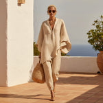 Women's Oversized Cape-Sleeve V-Neck Top & Tapered Jogger Pants Two-Piece Set