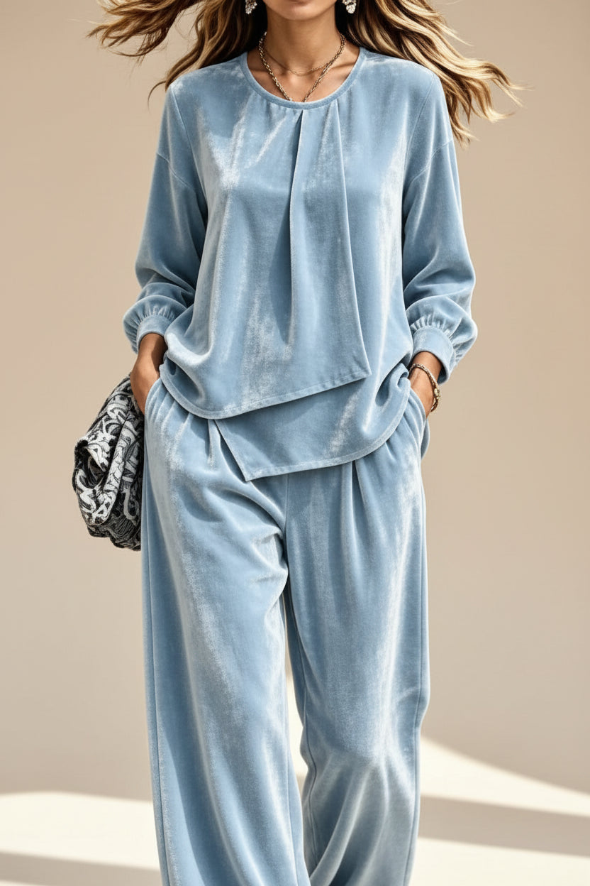 Women's Velvet Center-Pleat Relaxed Top & Wide-Leg Pants Set