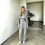 Women's Draped-Cape Illusion Crop Top & Wide-Leg Trouser Set