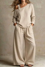 Women's One-Shoulder Buckle-Strap Long-Sleeve Linen Blend Top & Wide-Leg Palazzo Trouser Set