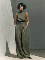 Women's Linen-Blend High-Neck Sleeveless Top & Wide-Leg Pants Set