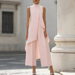 Women's Mock Turtleneck Sleeveless Asymmetric Cascade Drape Longline Top & Wide-Leg Cropped Trouser Set