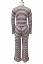 Women's Stripe Fitted Button-Front Crop Top & Drawstring Wide-Leg Pants Set