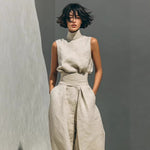 Women's Linen-Blend High-Neck Sleeveless Top & Wide-Leg Pants Set