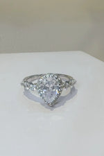Pear-cut diamond halo ring with side stones on silver band, Shopimist fashion jewelry
