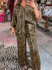Leopard Collared 3/4 Sleeve Shirt and Loose Pants Two Piece Outfit Set test