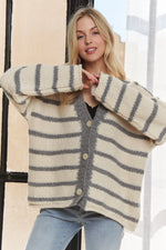 ADORA Horizontally Striped Button Up Cardigan - Shopimist