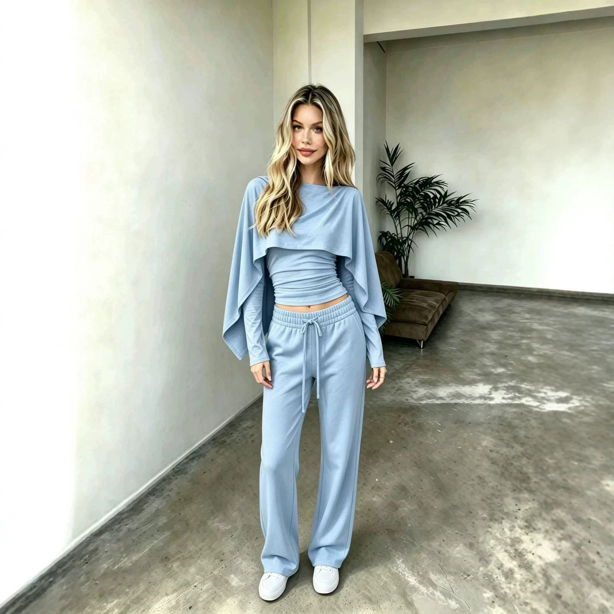 Women's Draped-Cape Illusion Crop Top & Wide-Leg Trouser Set