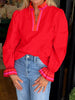 Striped Trim Ruffle Split Neck Long Sleeve Blouse test