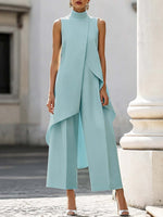 Women's Mock Turtleneck Sleeveless Asymmetric Cascade Drape Longline Top & Wide-Leg Cropped Trouser Set
