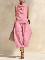 Women's Draped Cowl-Neck Sleeveless Top & Voluminous Balloon Lantern Trouser Set