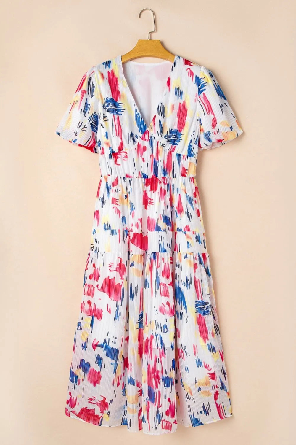 Abstract Print Short Puff Sleeve Tiered Maxi Dress - Shopimist
