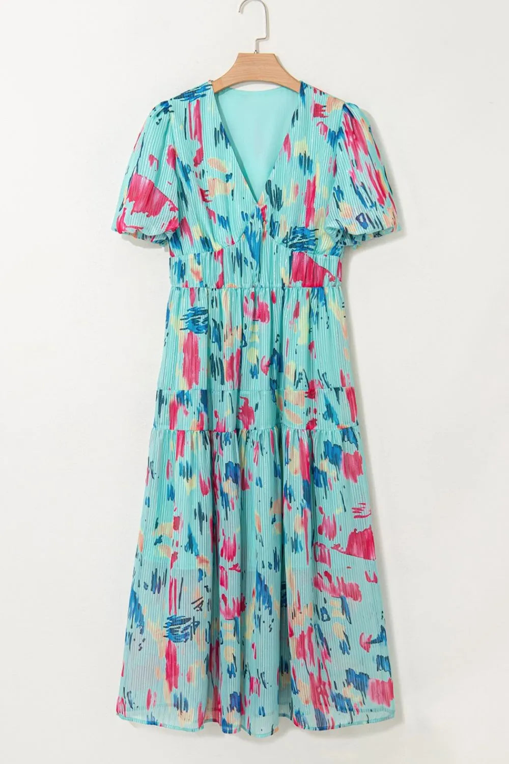 Abstract Print Short Puff Sleeve Tiered Maxi Dress - Shopimist