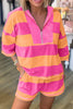 Stripe Long Sleeve Casual Top Drawstring Shorts 2pcs Set