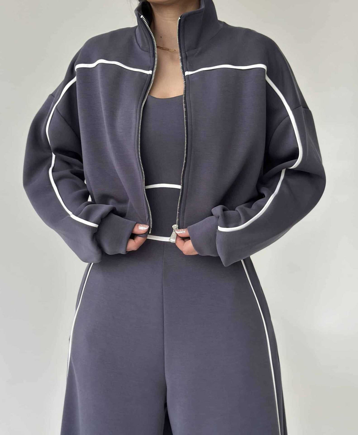 Women's Contrast-Piped Wide-Leg Jumpsuit & Cropped Zip Jacket Set