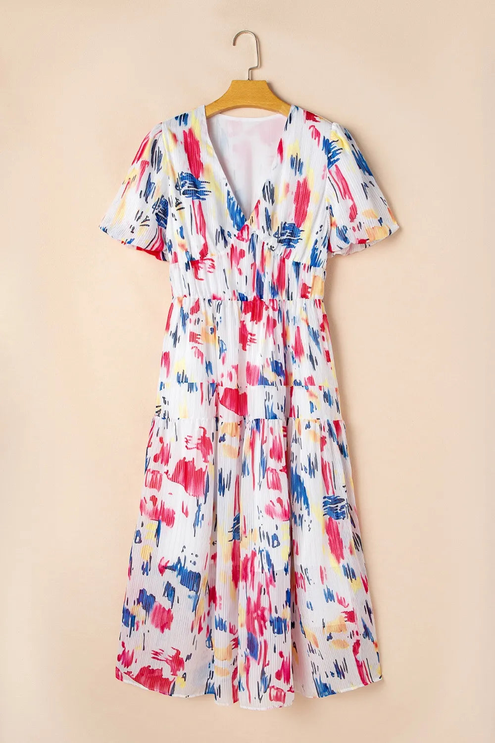 Abstract Print Short Puff Sleeve Tiered Maxi Dress - Shopimist