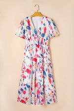 Abstract Print Short Puff Sleeve Tiered Maxi Dress - Shopimist