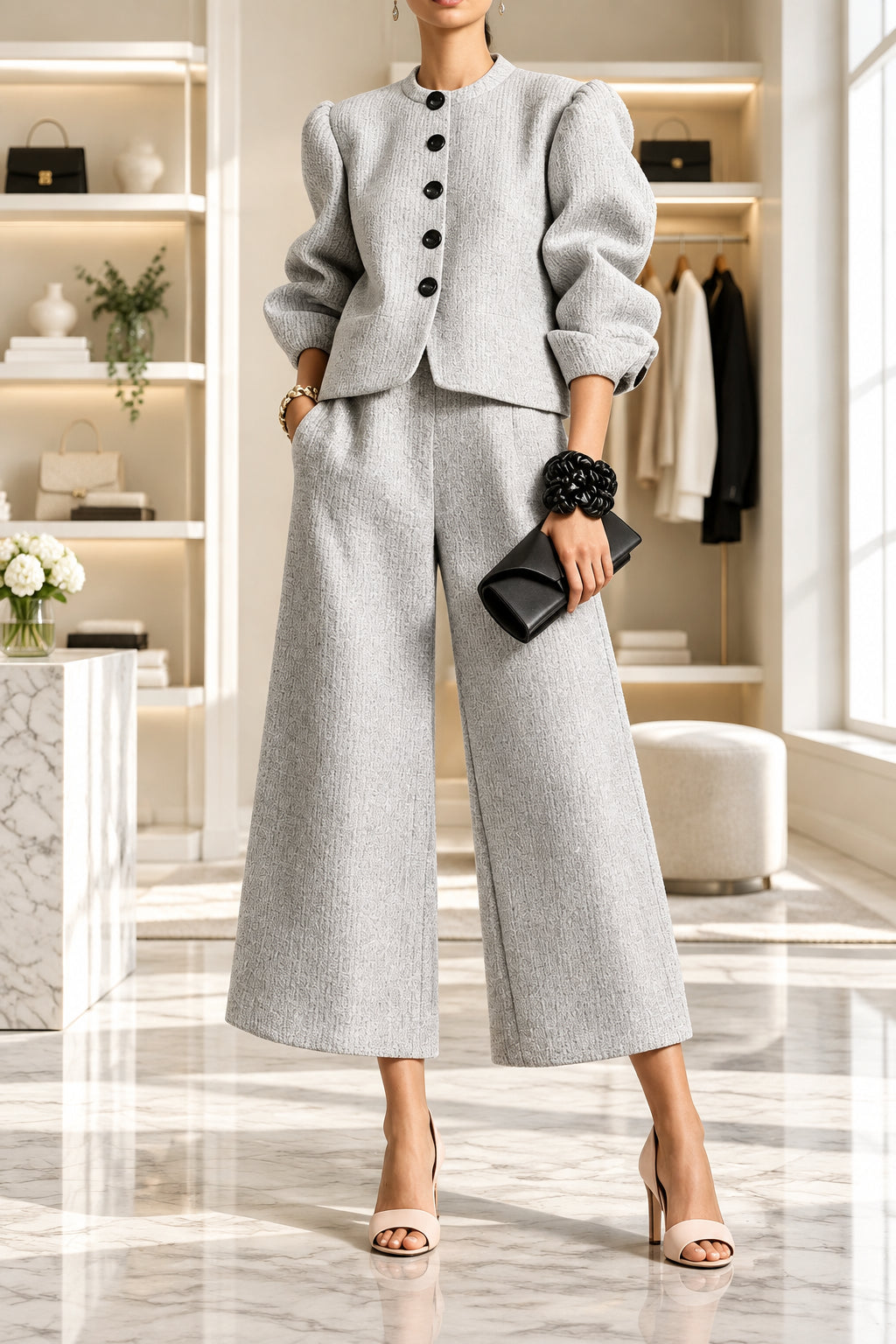 Women's Textured Puff-Sleeve Jacket & Cropped Wide-Leg Pants Set