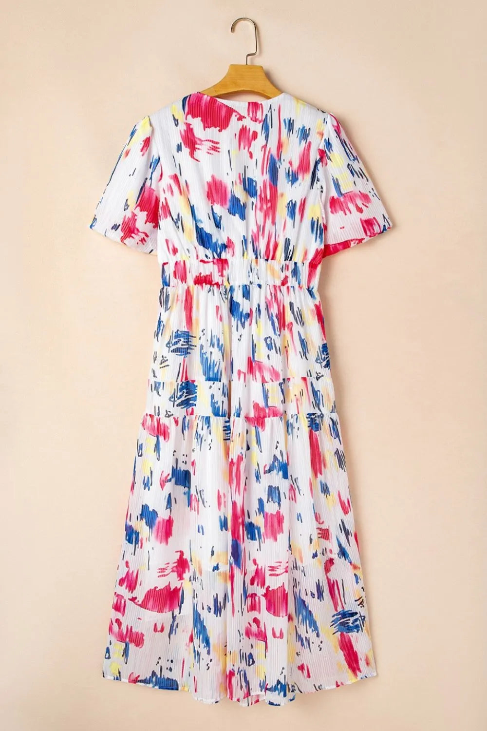 Abstract Print Short Puff Sleeve Tiered Maxi Dress - Shopimist
