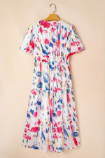Abstract Print Short Puff Sleeve Tiered Maxi Dress - Shopimist