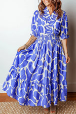 Abstract Print Smocked Waist Puff Half Sleeve Dress - Shopimist