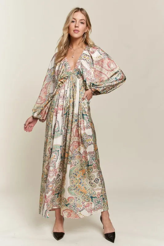 ADORA Printed V-Neck Batwing Sleeve Dress - Shopimist