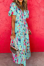 Abstract Print Short Puff Sleeve Tiered Maxi Dress - Shopimist