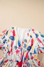 Abstract Print Short Puff Sleeve Tiered Maxi Dress - Shopimist