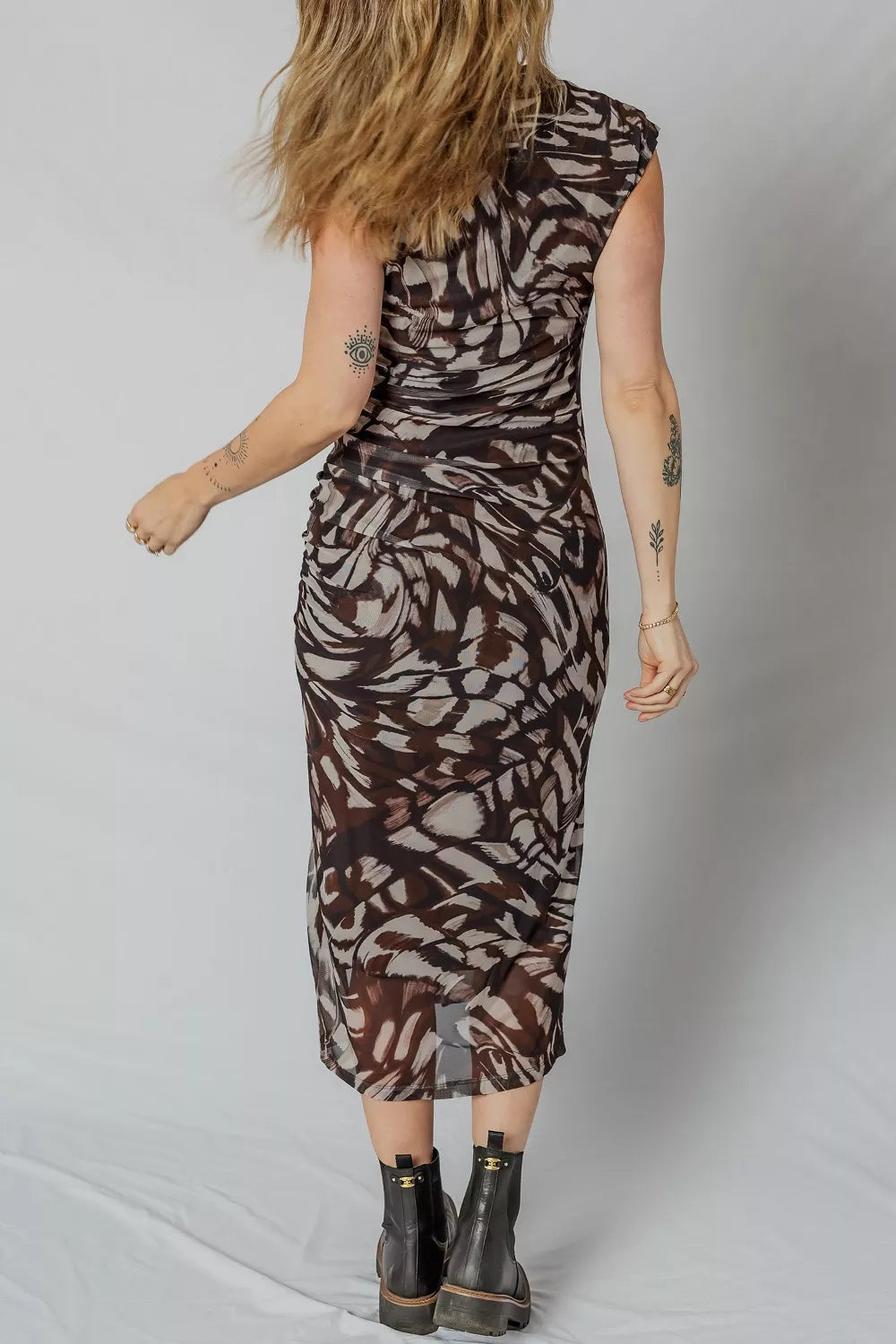 Abstract Print Mesh Cowl Neck Cap Sleeve Ruched Midi Dress with Slit - Shopimist