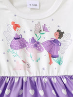 Infant dress with fairy tea party print, purple hearts, and whimsical floral accents