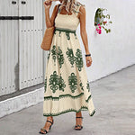 Women's Wide-Strap Printed Maxi Dress – Smocked Bodice & Tassel Waist