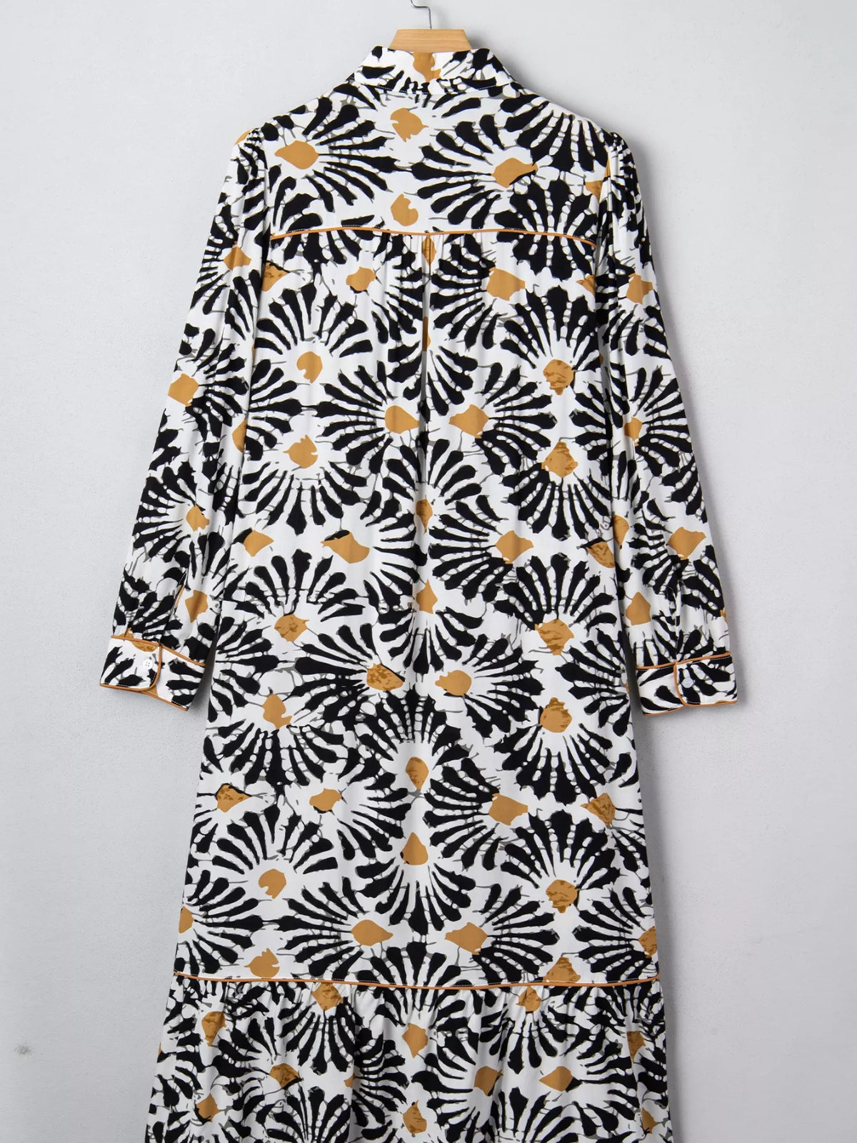 Long sleeve maxi dress with black and gold abstract floral print on white background, Shopimist fashion