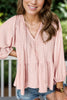 Textured Tie Neck Three-Quarter Sleeve Blouse test