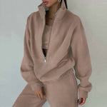 Women's Full-Zip Cropped Sweatshirt & Wide-Leg Pants Fleece Two-Piece Set
