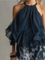 Women's Navy Ruffled Halter Top & Abstract-Print Palazzo Pants Set