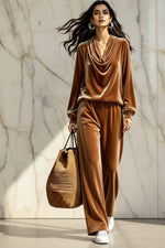 Women's Gold Velvet Cowl Neck Drop-Shoulder Top & Wide-Leg Pants Set – 8 Colors