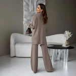 Women's Fine-Knit Mock-Neck Oversized Tunic Top & Wide-Leg Trouser Set