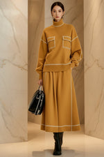 Women's Turtleneck Balloon-Sleeve Knit Top & A-Line Midi Skirt Set with Contrast Topstitching