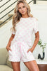 Bow Print Lettuce Trim Round Neck Top and Shorts Lounge Set