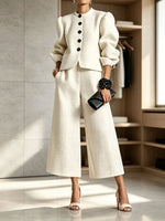 Women's Textured Puff-Sleeve Jacket & Cropped Wide-Leg Pants Set