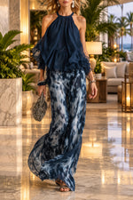 Women's Navy Ruffled Halter Top & Abstract-Print Palazzo Pants Set