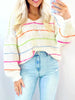 Colorful Striped Detail V Neck Drop Shoulder Baggy Sweater