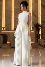 Women's Mock Neck Asymmetric Hi-Lo Peplum Top & Accordion Pleated Wide-Leg Palazzo Pants Set