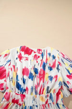 Abstract Print Short Puff Sleeve Tiered Maxi Dress - Shopimist